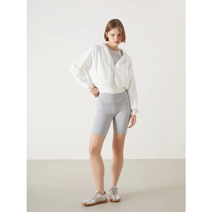 XSIDE ACTIVE Beyaz Kapüşonlu Oversize Crop Kadın Kalın Fermuarlı Sweatshirt