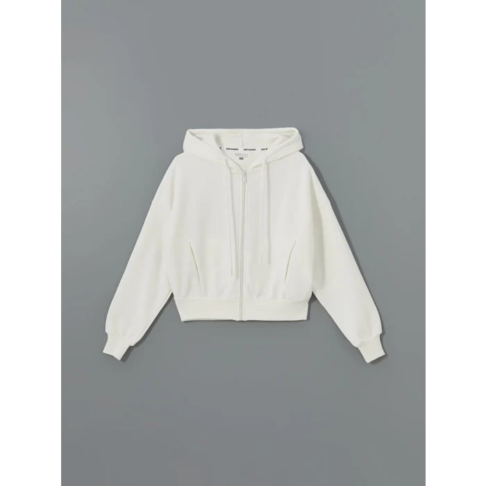 XSIDE ACTIVE Beyaz Kapüşonlu Oversize Crop Kadın Kalın Fermuarlı Sweatshirt