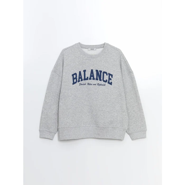 XSIDE ACTIVE Gri Bisiklet Yaka Baskılı Oversize Kadın Sweatshirt