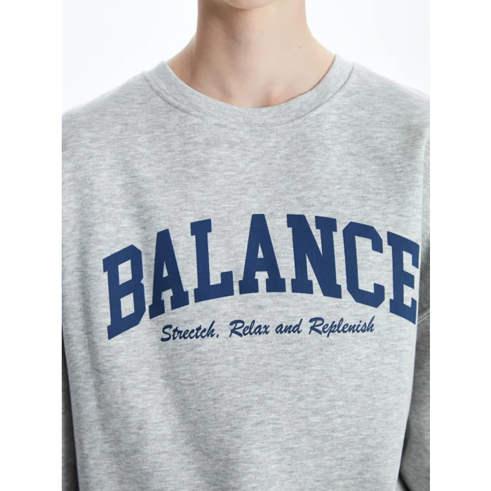 XSIDE ACTIVE Gri Bisiklet Yaka Baskılı Oversize Kadın Sweatshirt