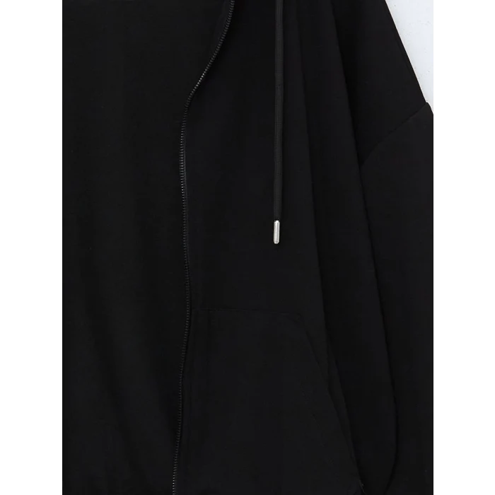 XSIDE ACTIVE Siyah Kapüşonlu Oversize Kadın Kalın Fermuarlı Sweatshirt