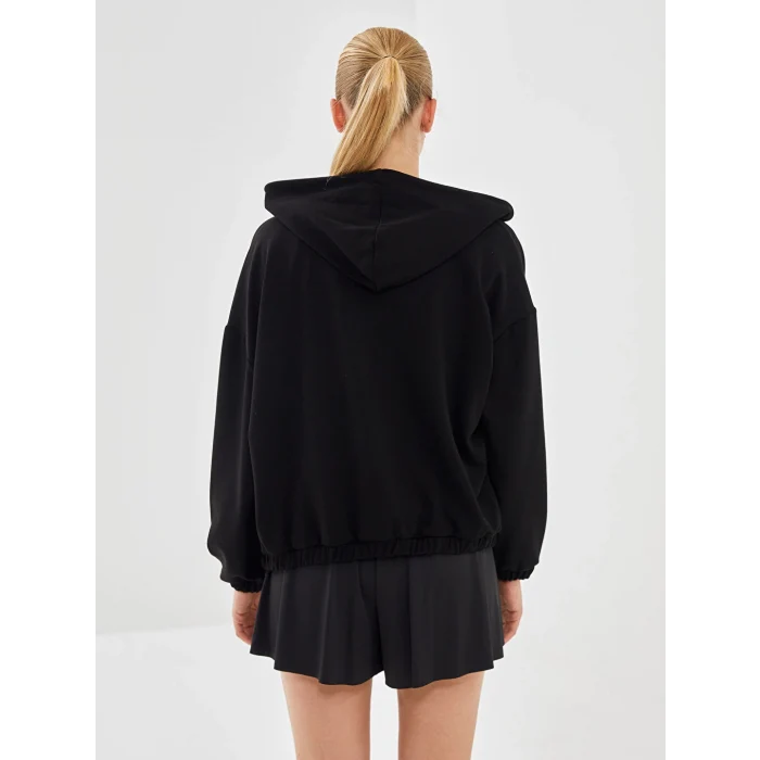 XSIDE ACTIVE Siyah Kapüşonlu Oversize Kadın Kalın Fermuarlı Sweatshirt