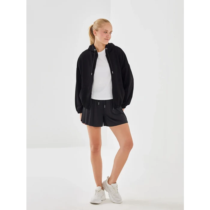 XSIDE ACTIVE Siyah Kapüşonlu Oversize Kadın Kalın Fermuarlı Sweatshirt
