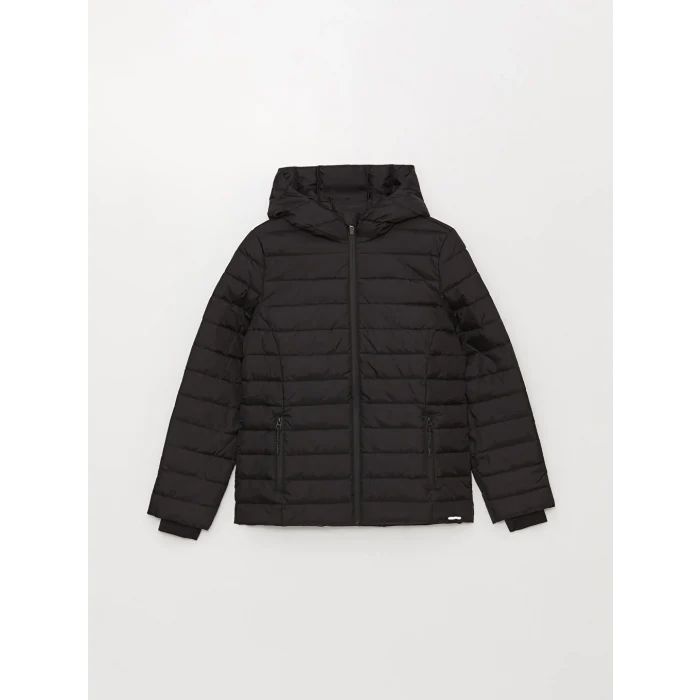 XSIDE ACTIVE Siyah Kapüşonlu Reflektör Baskılı Uzun Kollu Kadın Şişme Mont