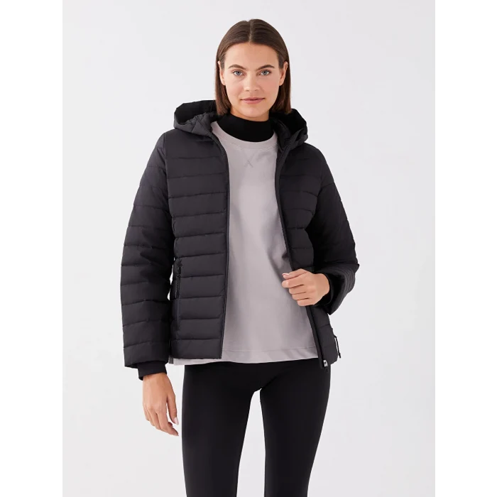 XSIDE ACTIVE Siyah Kapüşonlu Reflektör Baskılı Uzun Kollu Kadın Şişme Mont