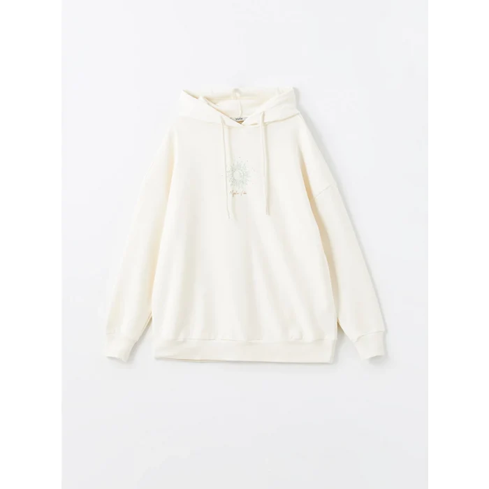 XSIDE Bej Baskılı Oversize Kadın Kalın Hoodie