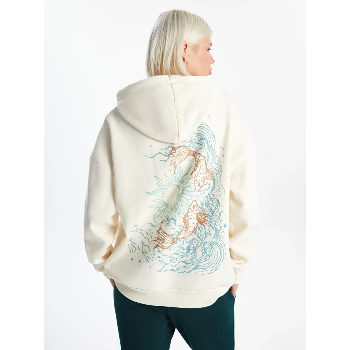 XSIDE Bej Baskılı Oversize Kadın Kalın Hoodie
