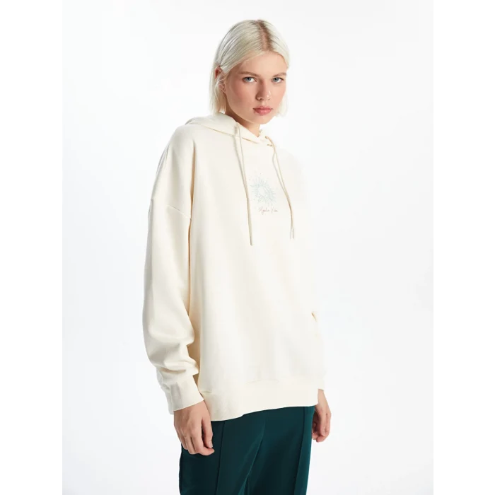 XSIDE Bej Baskılı Oversize Kadın Kalın Hoodie