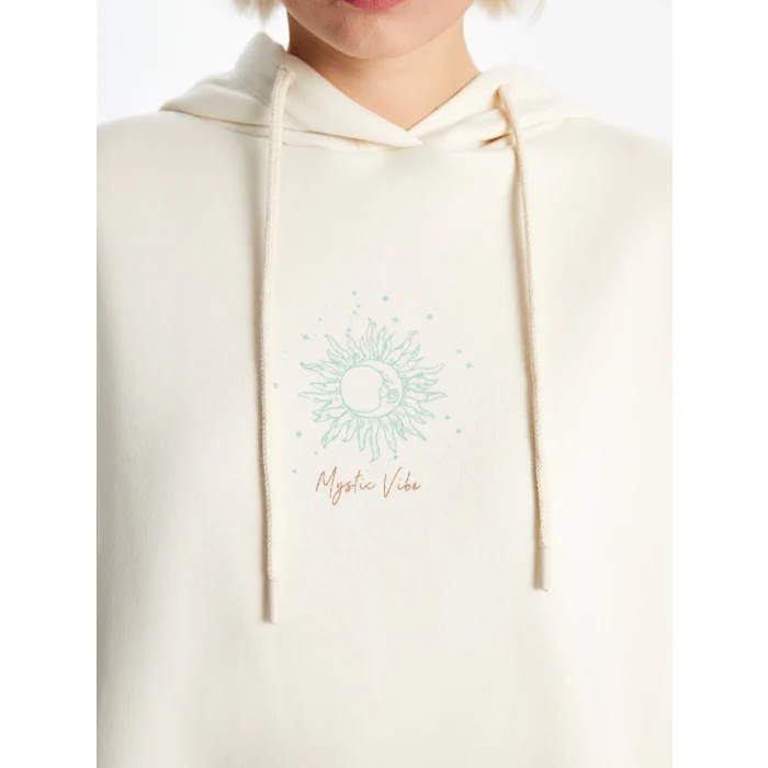 XSIDE Bej Baskılı Oversize Kadın Kalın Hoodie