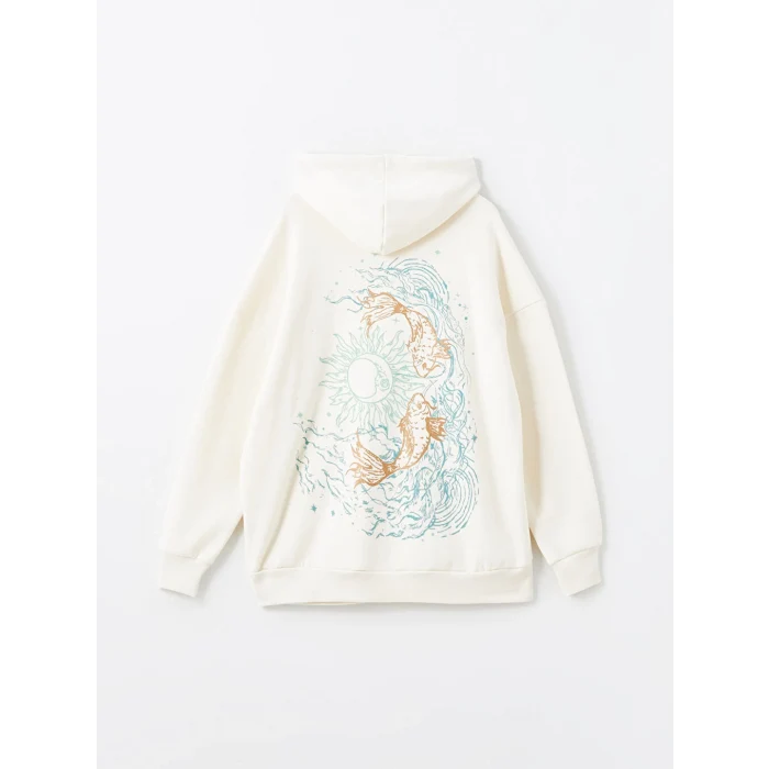 XSIDE Bej Baskılı Oversize Kadın Kalın Hoodie