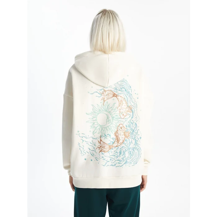 XSIDE Bej Baskılı Oversize Kadın Kalın Hoodie