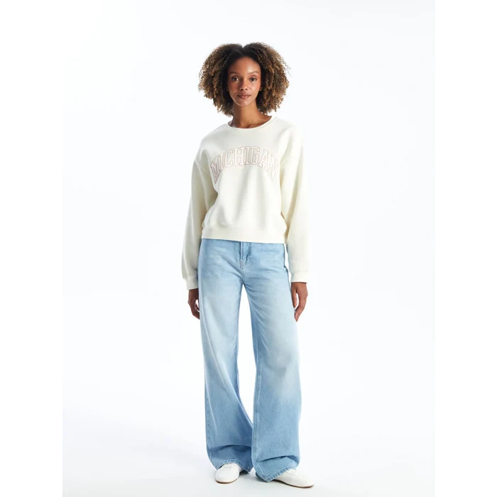 XSIDE Bej Bisiklet Yaka Baskılı Kadın Sweatshirt