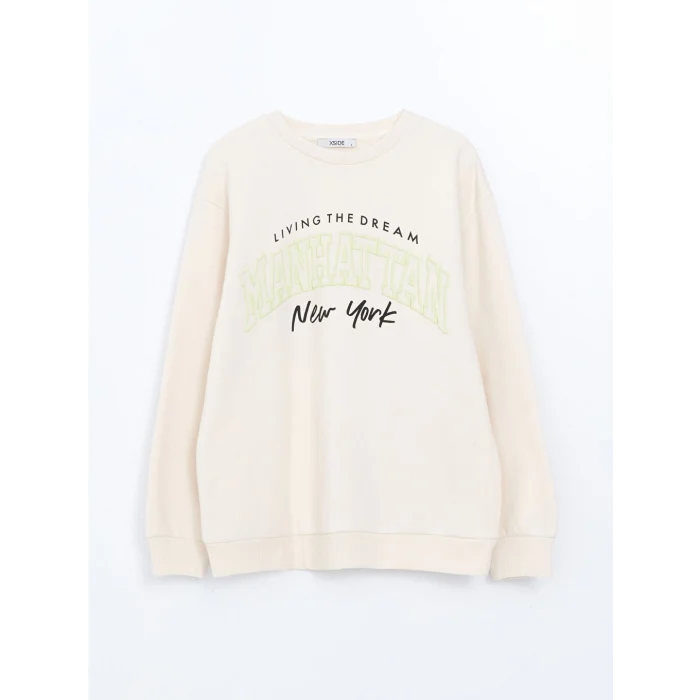 XSIDE Bej Bisiklet Yaka Baskılı Oversize Kadın Kalın Sweatshirt