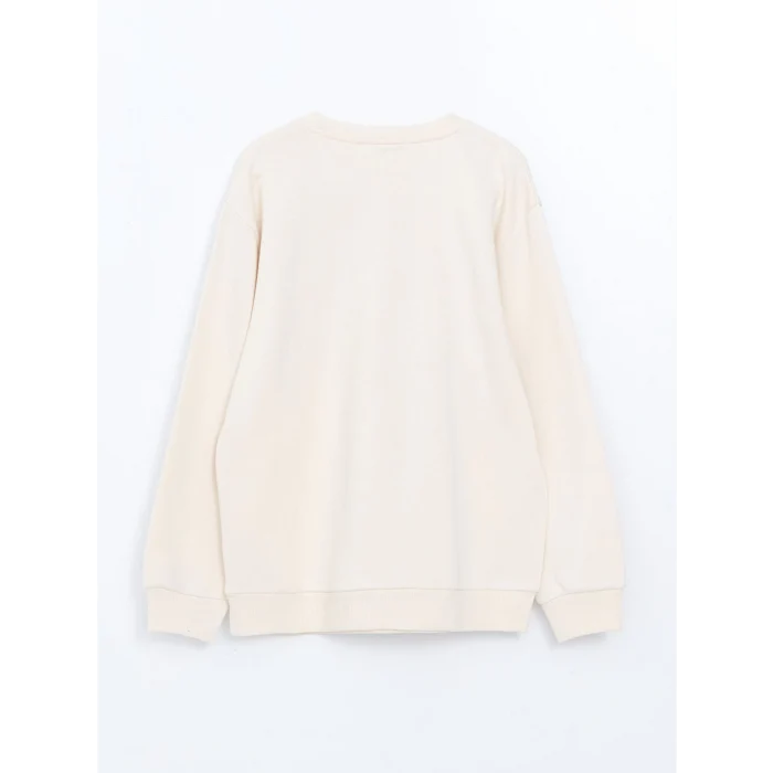 XSIDE Bej Bisiklet Yaka Baskılı Oversize Kadın Kalın Sweatshirt