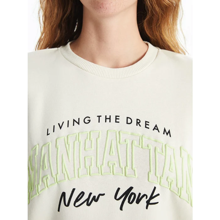 XSIDE Bej Bisiklet Yaka Baskılı Oversize Kadın Kalın Sweatshirt