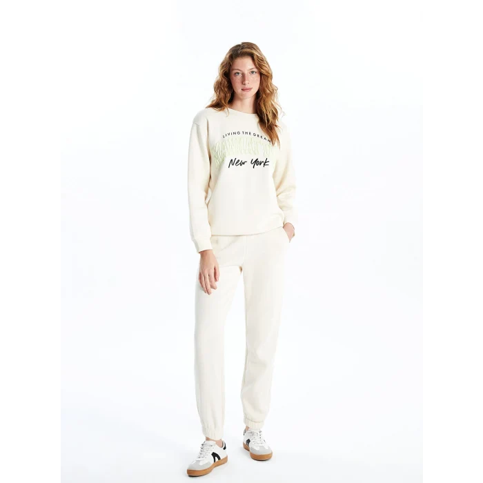 XSIDE Bej Bisiklet Yaka Baskılı Oversize Kadın Kalın Sweatshirt