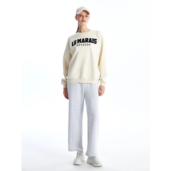 XSIDE Bej Bisiklet Yaka Nakışlı Oversize Kadın Kalın Sweatshirt