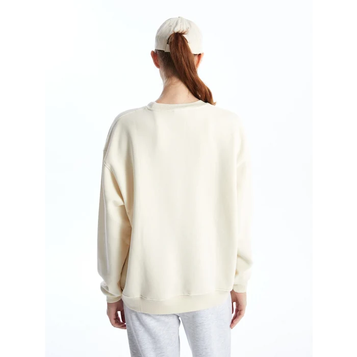 XSIDE Bej Bisiklet Yaka Nakışlı Oversize Kadın Kalın Sweatshirt