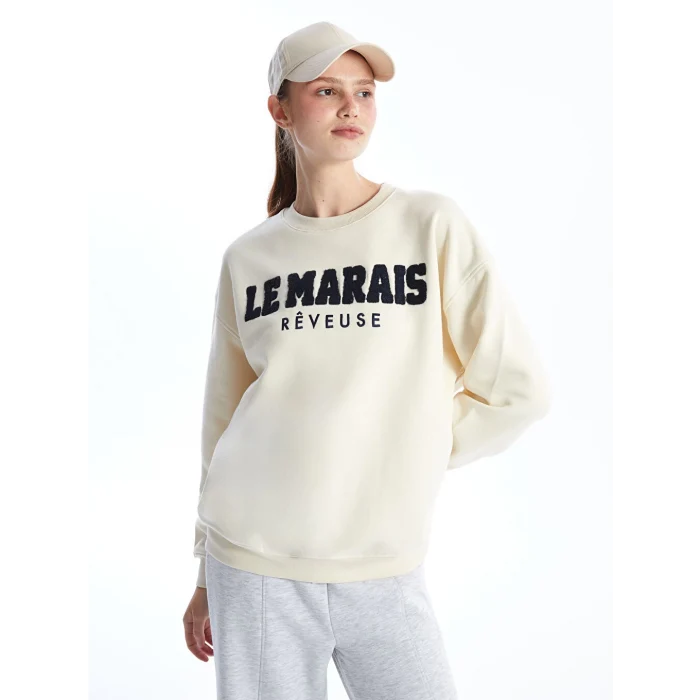 XSIDE Bej Bisiklet Yaka Nakışlı Oversize Kadın Kalın Sweatshirt