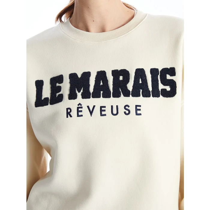 XSIDE Bej Bisiklet Yaka Nakışlı Oversize Kadın Kalın Sweatshirt