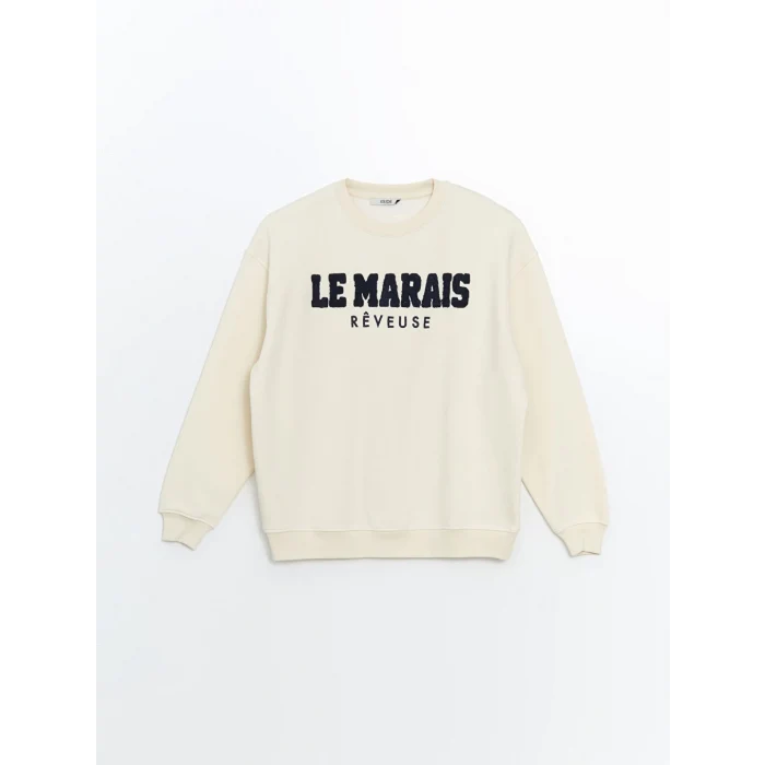 XSIDE Bej Bisiklet Yaka Nakışlı Oversize Kadın Kalın Sweatshirt