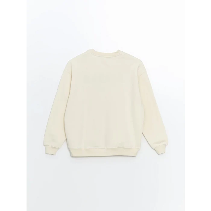 XSIDE Bej Bisiklet Yaka Nakışlı Oversize Kadın Kalın Sweatshirt