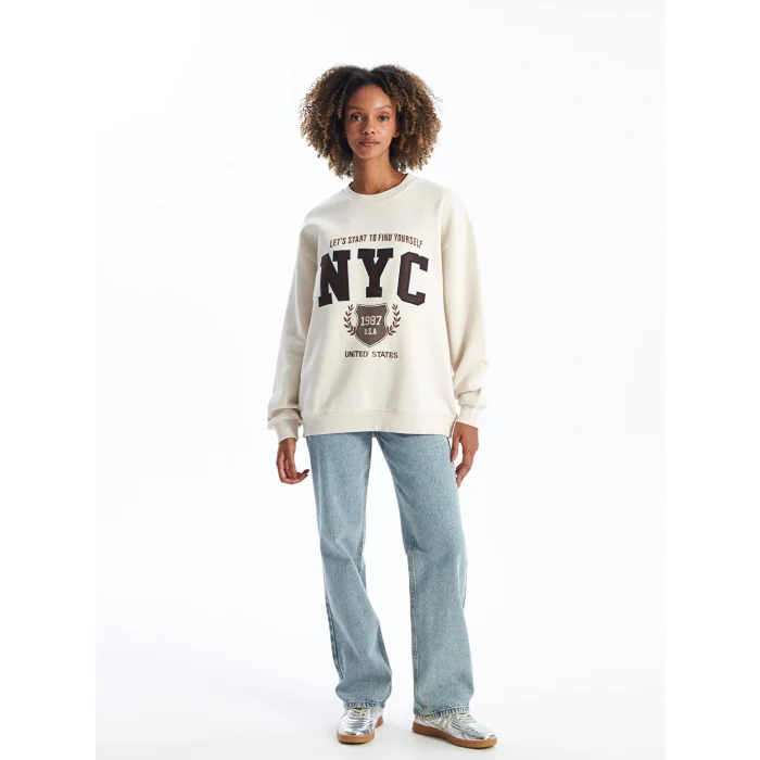 XSIDE Bej Bisiklet Yaka Nakışlı Oversize Kadın Sweatshirt