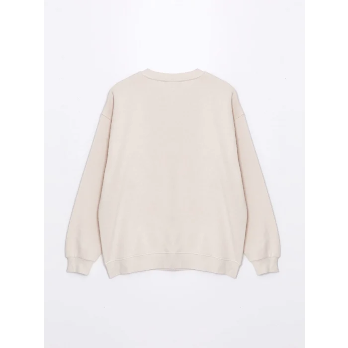 XSIDE Bej Bisiklet Yaka Nakışlı Oversize Kadın Sweatshirt