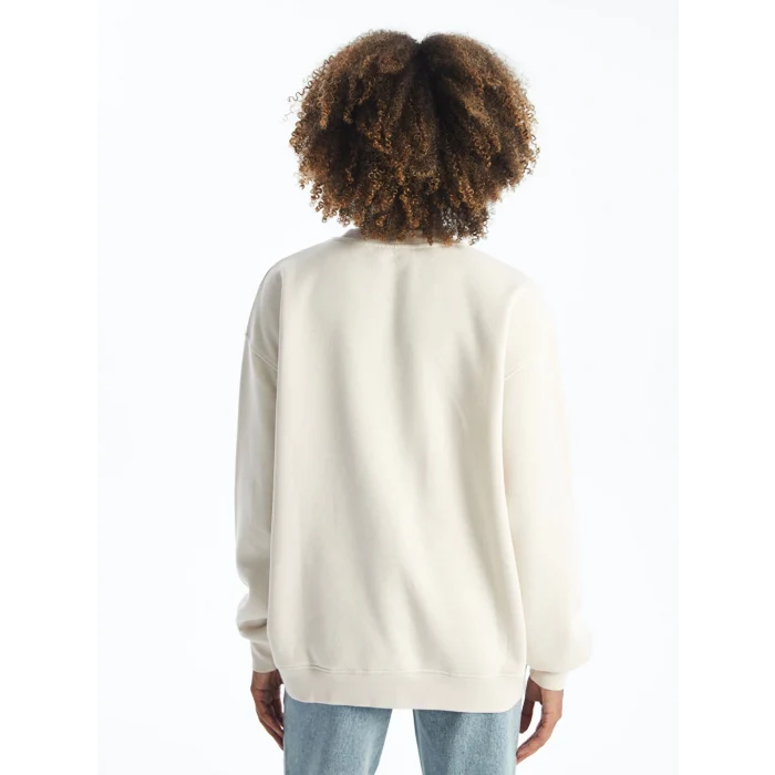 XSIDE Bej Bisiklet Yaka Nakışlı Oversize Kadın Sweatshirt