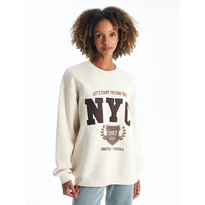 XSIDE Bej Bisiklet Yaka Nakışlı Oversize Kadın Sweatshirt