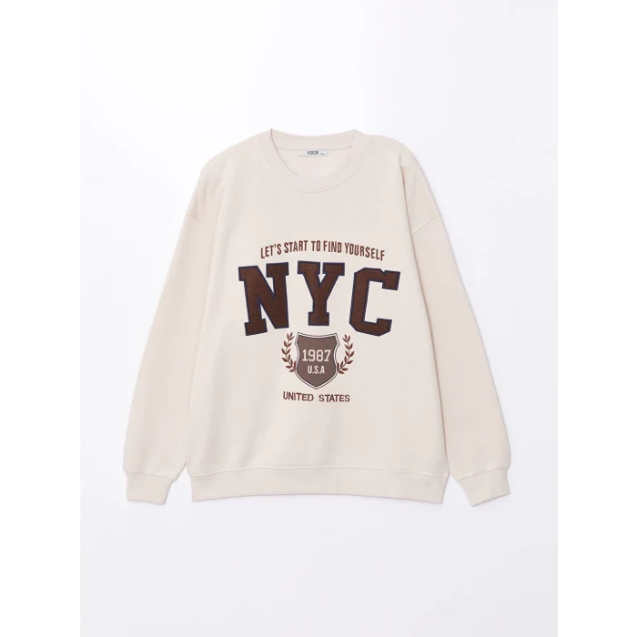 XSIDE Bej Bisiklet Yaka Nakışlı Oversize Kadın Sweatshirt
