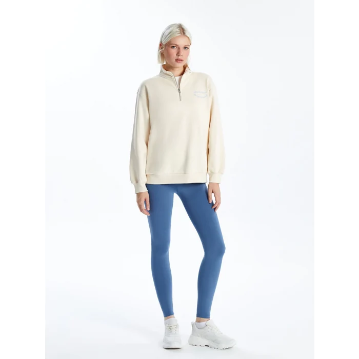 XSIDE Bej Dik Yaka Nakışlı Oversize Kadın Kalın Sweatshirt