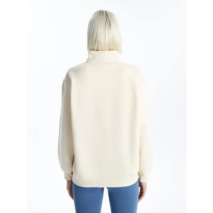 XSIDE Bej Dik Yaka Nakışlı Oversize Kadın Kalın Sweatshirt