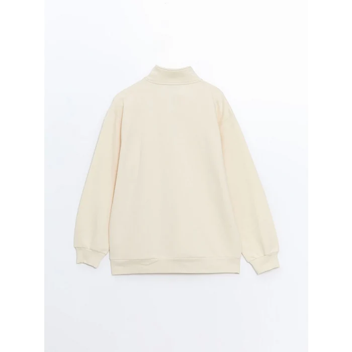 XSIDE Bej Dik Yaka Nakışlı Oversize Kadın Kalın Sweatshirt