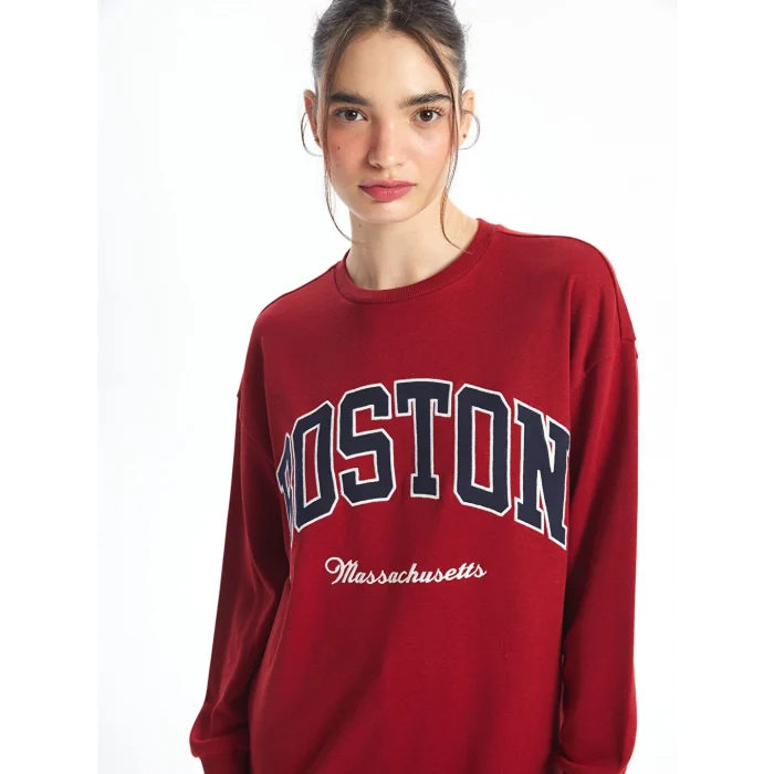 XSIDE Bordo Bisiklet Yaka Nakışlı Oversize Kadın Sweatshirt