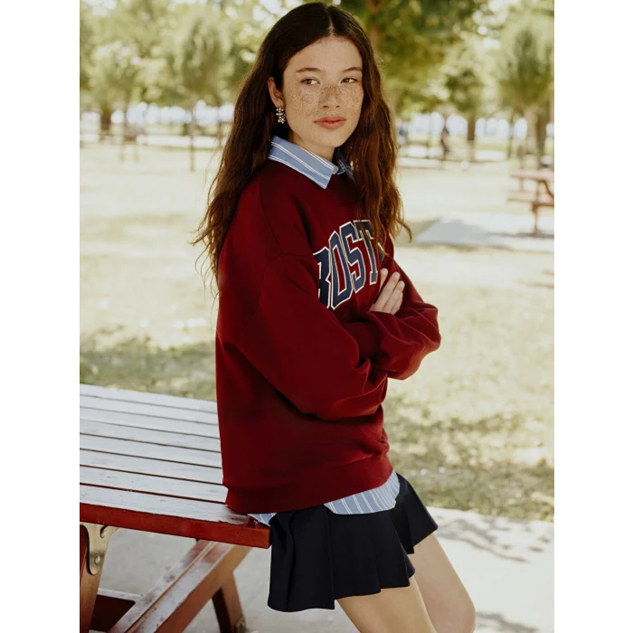 XSIDE Bordo Bisiklet Yaka Nakışlı Oversize Kadın Sweatshirt
