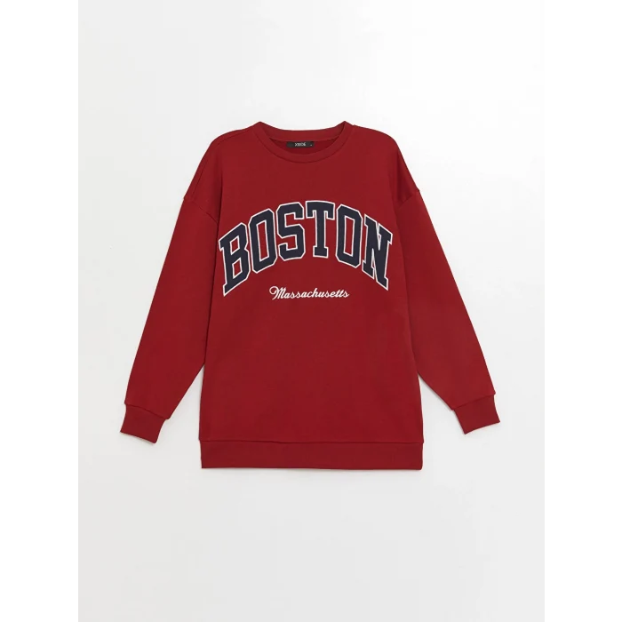 XSIDE Bordo Bisiklet Yaka Nakışlı Oversize Kadın Sweatshirt