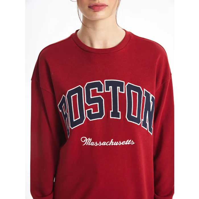 XSIDE Bordo Bisiklet Yaka Nakışlı Oversize Kadın Sweatshirt