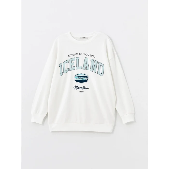 XSIDE Ekru Bisiklet Yaka Baskılı Oversize Kadın Sweatshirt
