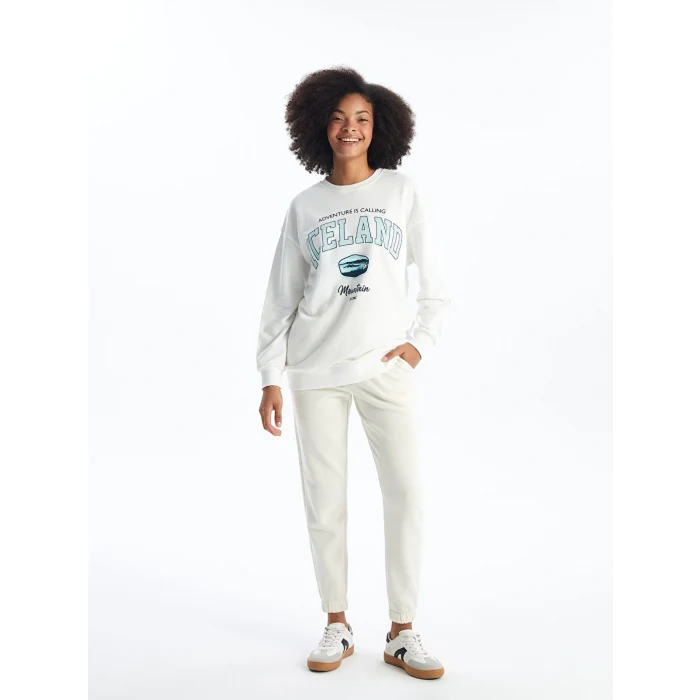 XSIDE Ekru Bisiklet Yaka Baskılı Oversize Kadın Sweatshirt