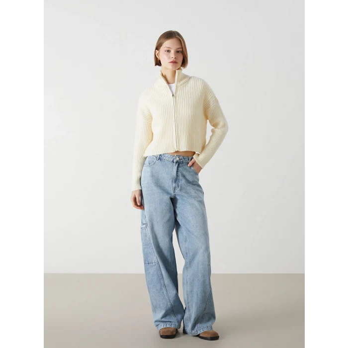 XSIDE Ekru Dik Yaka Dokulu Kadın Triko Hırka