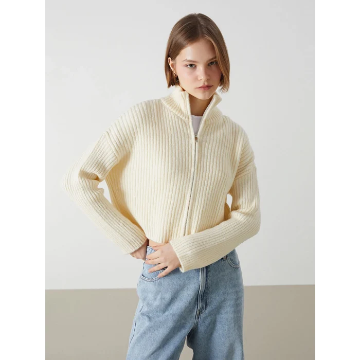 XSIDE Ekru Dik Yaka Dokulu Kadın Triko Hırka