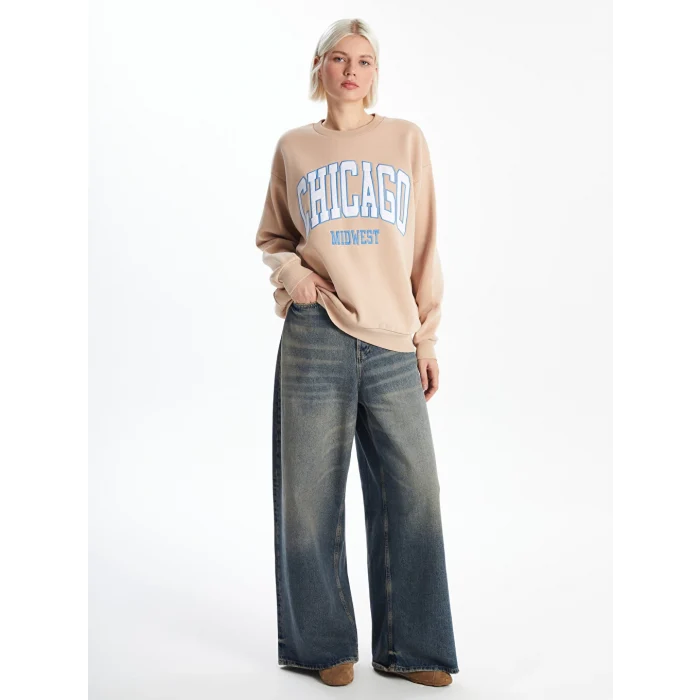 XSIDE Kahverengi Bisiklet Yaka Baskılı Oversize Kadın Kalın Sweatshirt