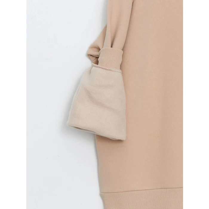 XSIDE Kahverengi Bisiklet Yaka Baskılı Oversize Kadın Kalın Sweatshirt