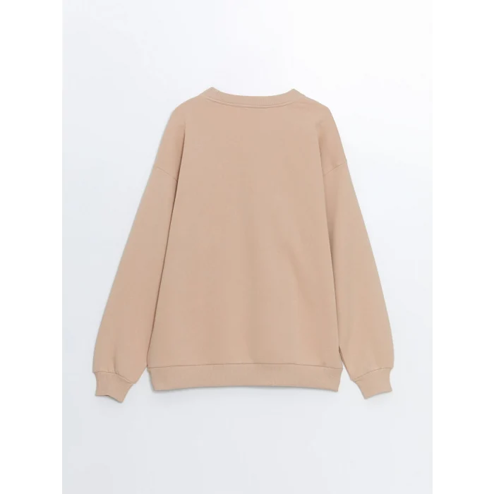 XSIDE Kahverengi Bisiklet Yaka Baskılı Oversize Kadın Kalın Sweatshirt