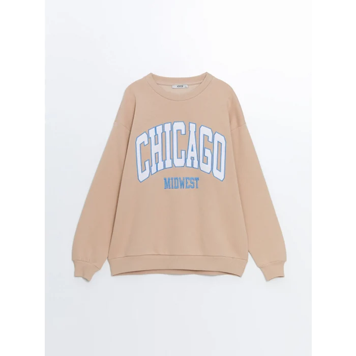 XSIDE Kahverengi Bisiklet Yaka Baskılı Oversize Kadın Kalın Sweatshirt