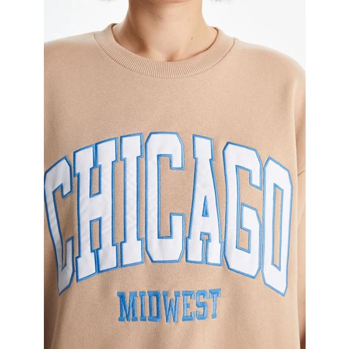 XSIDE Kahverengi Bisiklet Yaka Baskılı Oversize Kadın Kalın Sweatshirt