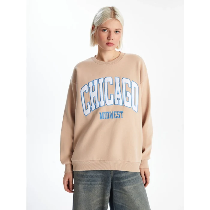 XSIDE Kahverengi Bisiklet Yaka Baskılı Oversize Kadın Kalın Sweatshirt