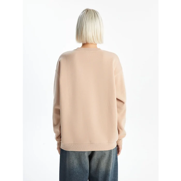 XSIDE Kahverengi Bisiklet Yaka Baskılı Oversize Kadın Kalın Sweatshirt