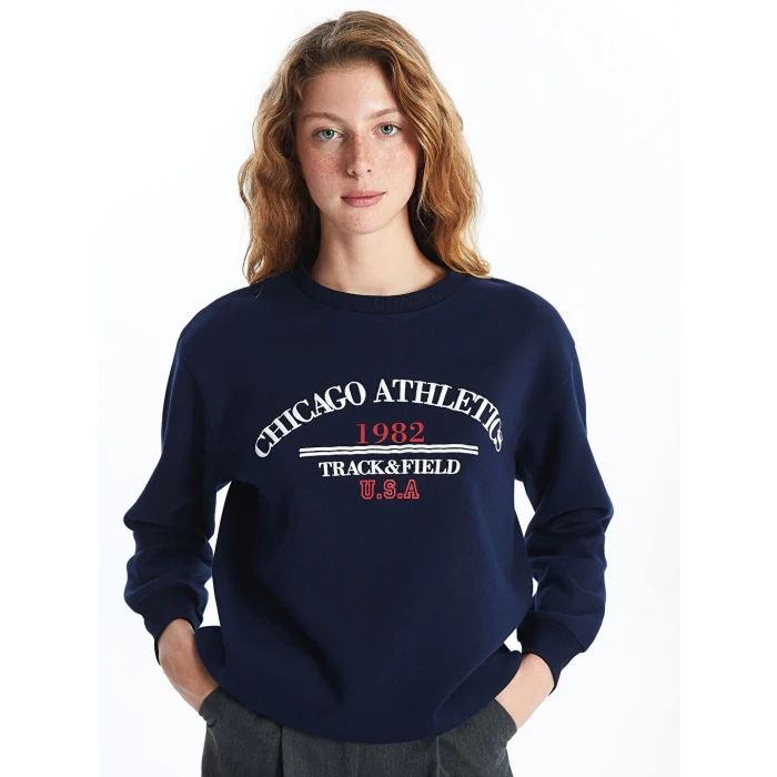XSIDE Lacivert Bisiklet Yaka Baskılı Kadın Kalın Sweatshirt